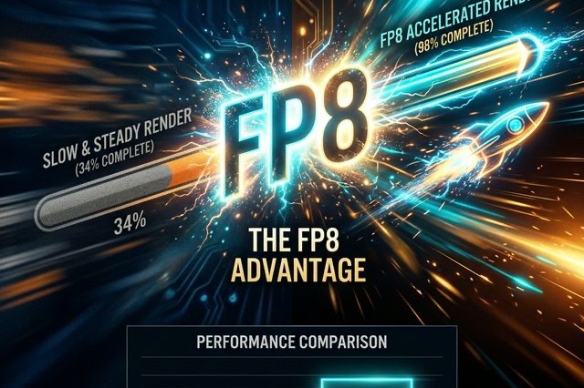 Comparison of LTX 2.3 FP8 render times versus standard models on a desktop monitor