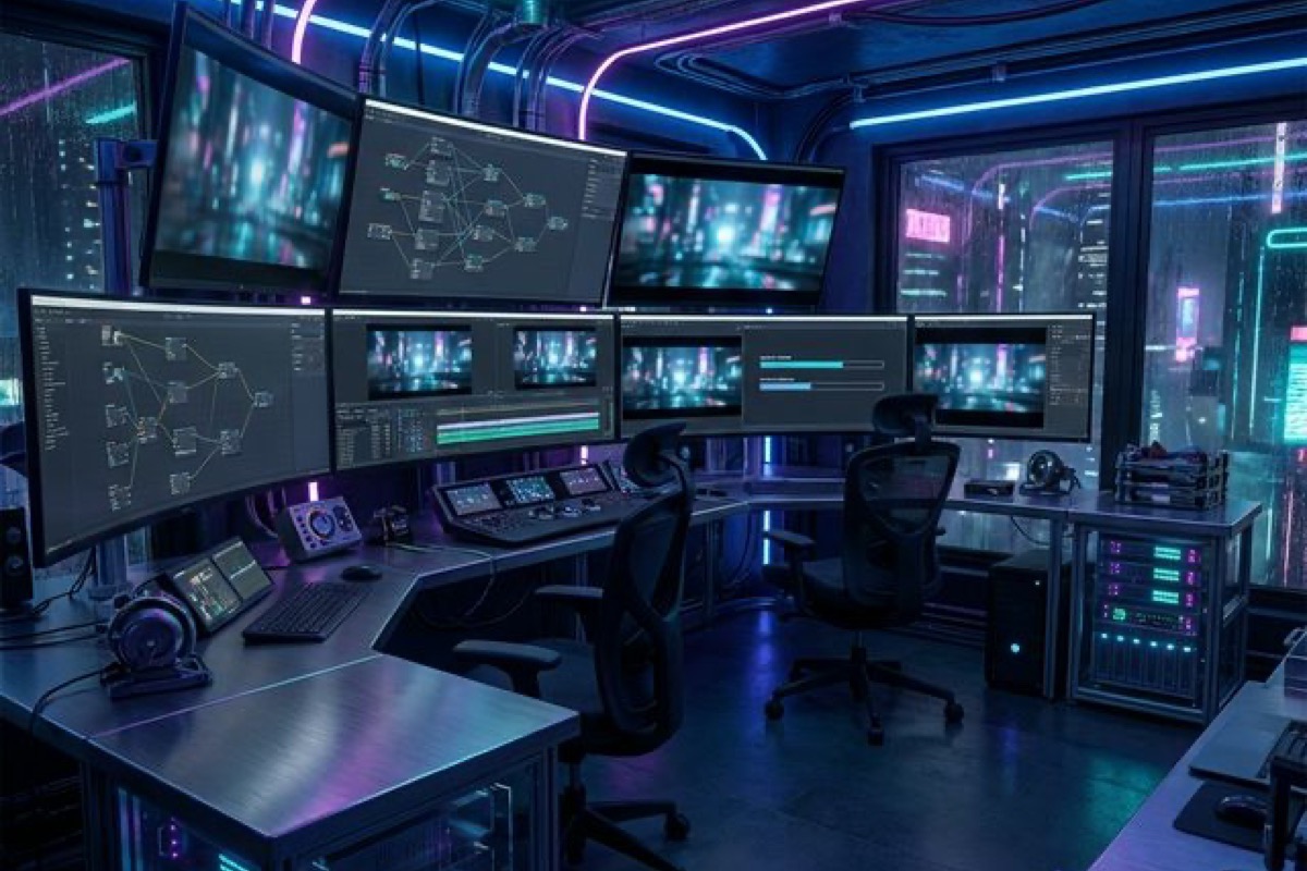 Professional AI video editing workstation with complex node workflows
